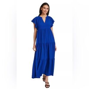 Calvin Klein Blue Flutter Sleeve Split-Neck Tiered Maxi  Dress Size 4